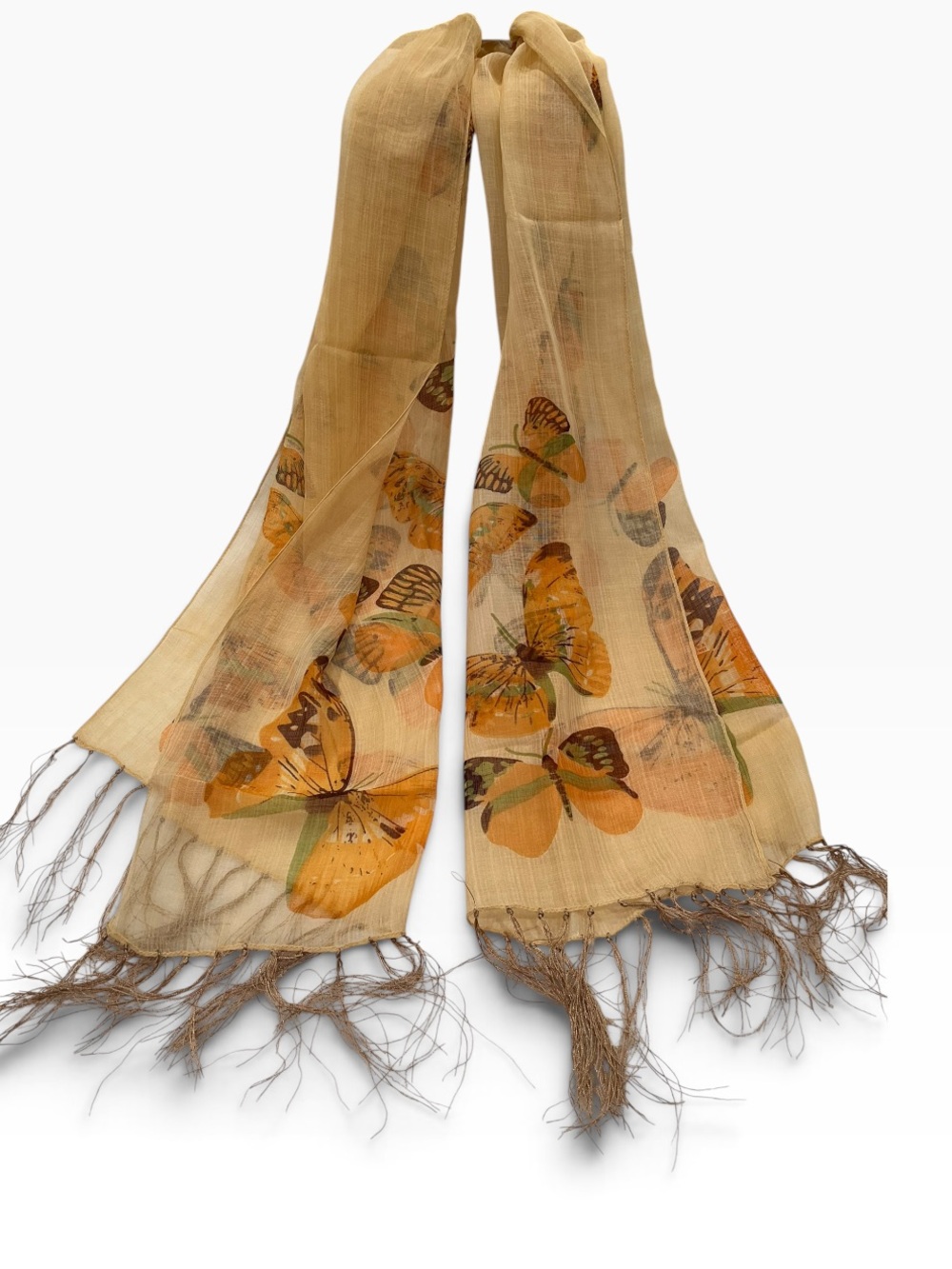 Lightweight Beige Butterfly Print Scarf with Fringe NWT